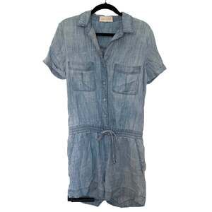 Side Stitch (M) Blue Chambray Denim Short Sleeve Drawstring Romper